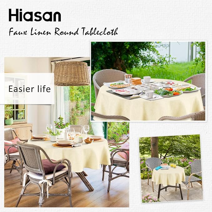 Hiasan Faux Linen Table Cloth 102 Inch Round - Wrinkle and Stain Resistant Decorative Farmhouse Polyester Fabric Tablecloth for Dining Kitchen Party Outdoor, Champagne