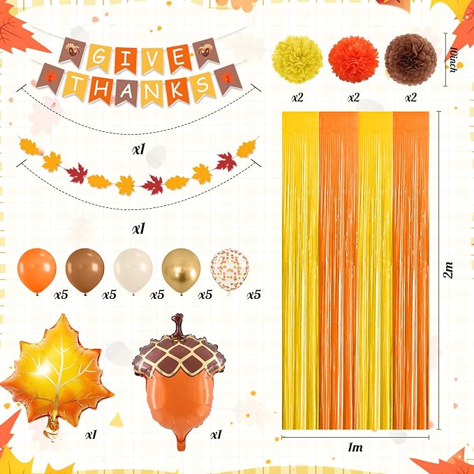 Fall Thanksgiving Party Decorations Set, Includes Give Thanks Banner,Fringe Curtain,Paper Flowers,Autumn Maple Leaves Garland and Foil Balloon for Indoor Home Party Office Classroom Fall Decor