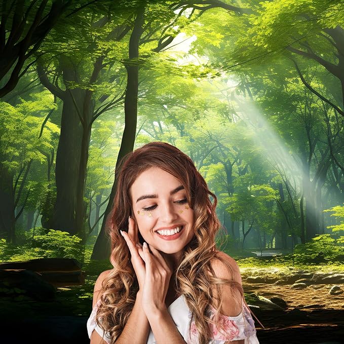 Forest Backdrop Fantasy Green Forest with Sunbeams Photography Backgrounds Lush Green Leaves Trees Backdrops Outdoor Party Forest Background Wallpaper Banner Adult Portrait Photo Props 6x4ft