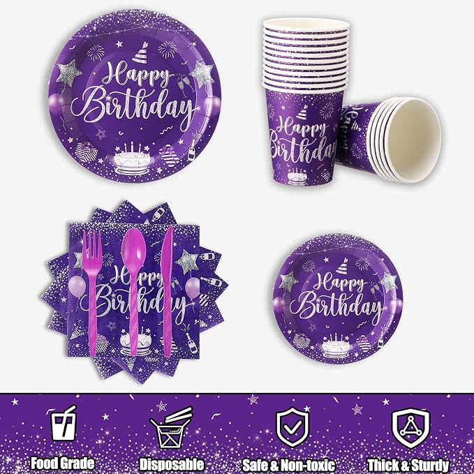 Vesici 171 Pcs Happy Birthday Party Supplies 24 Set Disposable Party Tableware include Plates Cups Napkins Cutlery and Banner Tablecloth Birthday Dinner Decorations for Men Woman(Purple, Silver)