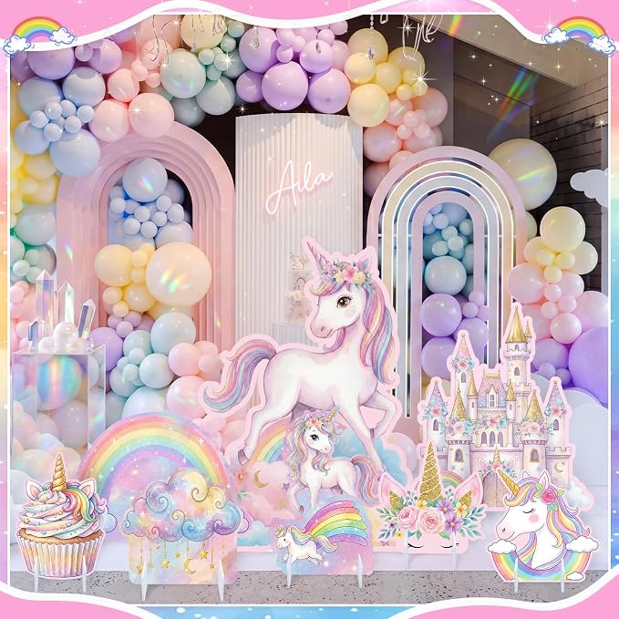 9 Pcs Unicorn Party Decorations Set, Large Rainbow Unicorn Centerpiece with Castle & Clouds, Extra Big Table Decor for Birthday, Pastel, Party Supplies