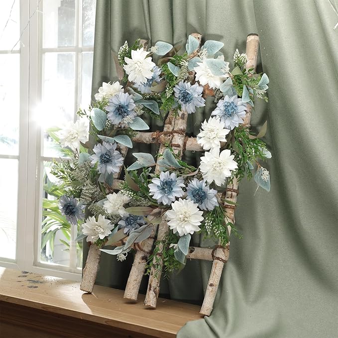 Giegxin 1 Pack 6 ft Artificial Flower Garland with Dahlias and Eucalyptus Blue White Flower Fake Wisteria Vines Summer Greenery Garland for Wedding Mantle Porch Stair Table Indoor Decor