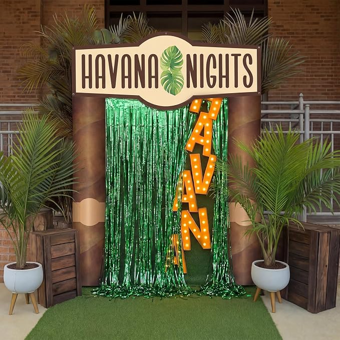 Peryiter 5 Pcs Havana Nights Party Decorations Cuban Party Decoration Arch Banners, Green Foil Fringe Curtains for Cuban Tropical Photo Booth & Entrance Backdrop Birthday Baby Shower Favors