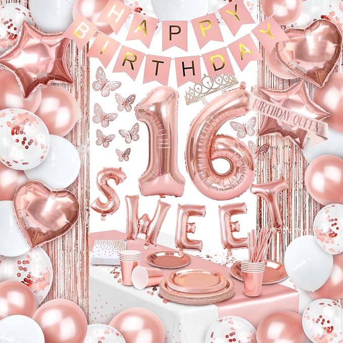 255 pcs Sweet 16 Party Decorations, 25 sets of Tableware, Sweet 16th Birthday Decorations, Rose Gold Party Decorations, 25 Tableware Sets, Balloon, Pump, Banner, Tassel Curtain for Girls
