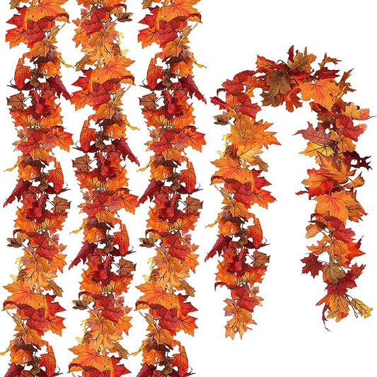 CQURE 4 Pack Fall Leaf Garland, 5.9FT Autumn Maple Leaf Garland, Silk, Orange, Curved