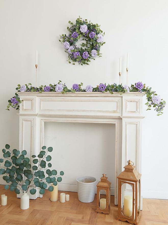 Anna's Whimsy 5.91FT Artificial Eucalyptus Garland with Flowers, Fake Rose Gypsophila Garland, Faux Floral Greenery for Wedding Spring Home Party Craft Art Table Runner Decor