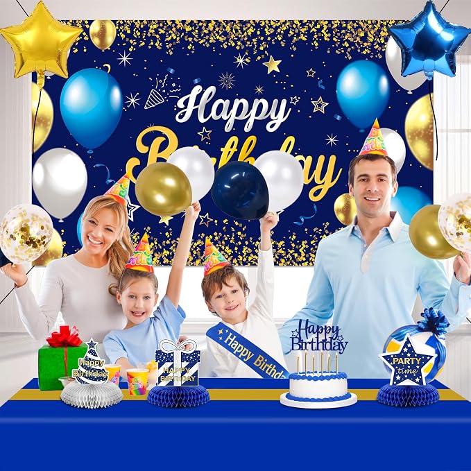 Birthday Decorations Navy Blue Gold - Happy Birthday Banner, Sash, Balloons, Tablecloth, Cake Topper, Candles,Table Decorations - 35pcs Party Decor for Men and Boys