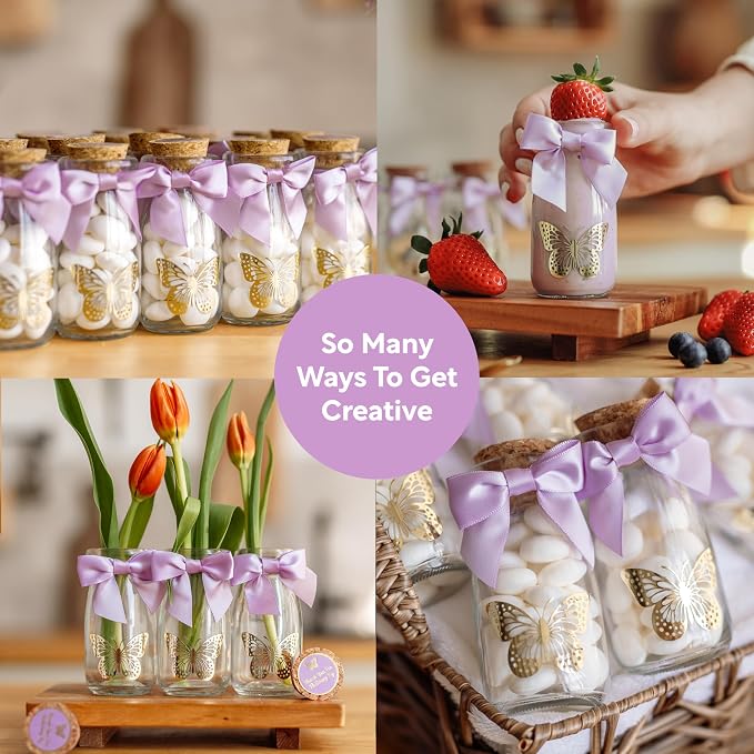 Ethisa Small 24 Pack Butterfly Party Favor Glass Bottles with Ribbons and Stickers - Vintage Baby Shower and Birthday Favors for Guests and Table Centerpieces Decorations - Purple Theme Candy Jar