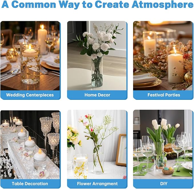 9 Set Cylinder Glass Vases with 14 Floating Candles 1150 Vase Filler 12 Pearl String, 4,6,8 Inch Tall Clear Hurricane Glass Candle Holder for Party Wedding Home Decor Centerpieces for Table Decoration