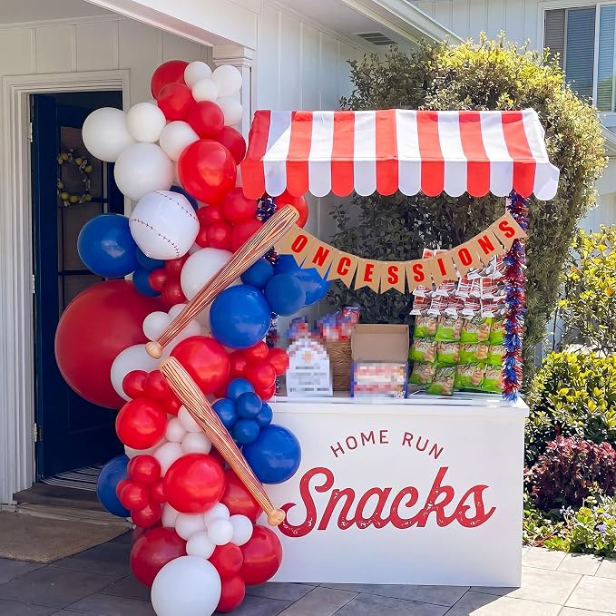 Concessions Stand Supplies Baseball Party Decoration with 1 Set Stand 1 Red and White Striped Sunshade Cloth 4 Red and Blue Tinsel 1 Concessions Banner for Baseball Sport 4th of July Party Decor