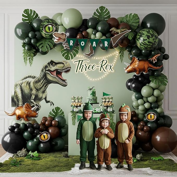 Dinosaur Birthday Party Decorations hunter Green black brown balloon arch kit with mini dino Foil balloons ROAR Banner Dinosaur eye stickers for jungle adventure Boy Scouts three rex Jurassic Supplies
