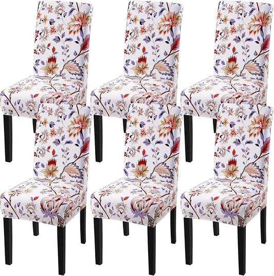 Fuloon Chair Covers for Dining Room 6 Pack, Printed Stretch Dining Slipcovers, Washable Kitchen Slip Covers for Parson Chair, Flower Cluster Printed, Set of 6