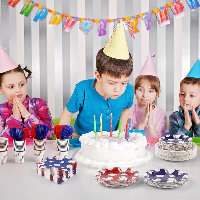Kochorie 400 Pieces Baseball Disposable Tableware Sets, Baseball Party Supplies with Plates Cups Napkins Cutlery Serves 50 for Birthday Sports Party Decorations