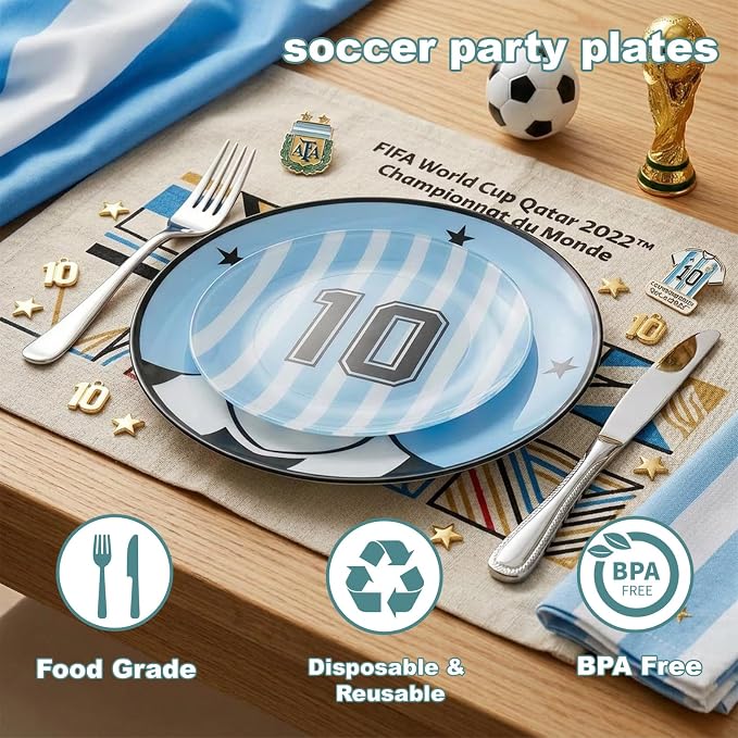 I00000 20 Pcs Blue Plastic Soccer Plates - Heavy Duty Disposable Plates for Global Soccer Celebration Party Supplies include 10.25" Dinner Plate& 7.5" Dessert Plate for Soccer Party