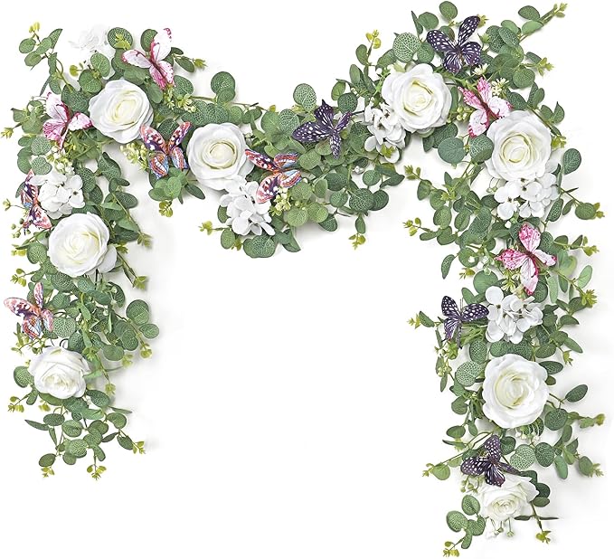 2Pcs 5.9 Ft Artificial Rose Vine Fake Flower Garland White Rose Hydrangea Vines with 3D Butterflies Hanging Floral Eucalyptus Garland for Wedding Party Background Arch Table Wall Home Decor