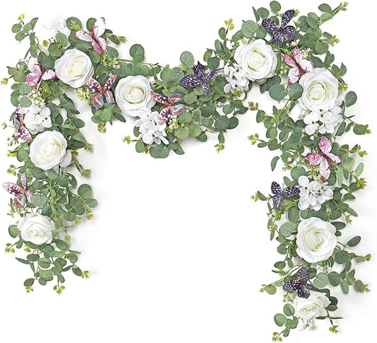 2Pcs 5.9 Ft Artificial Rose Vine Fake Flower Garland White Rose Hydrangea Vines with 3D Butterflies Hanging Floral Eucalyptus Garland for Wedding Party Background Arch Table Wall Home Decor