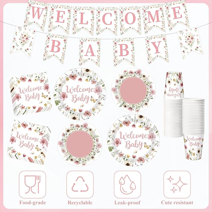 LemonRoad 128 Pcs Pink Floral Baby Shower Party Decoration Girl for 25 Guests, Wildflower Welcome Baby Shower Paper Plates Napkins Cups Tablecloth Forks Banner for Spring Gender Reveal Party Supplies