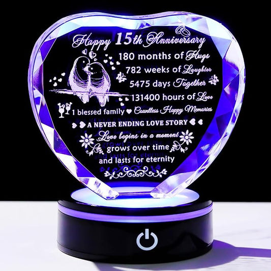 YWHL 15th Wedding Anniversary Crystal Heart Keepsake Gift for Couples with LED Base, Laser Engraved Happy 15th for Wife Husband, Romantic 15 Years of Marriage Gift for Her Him