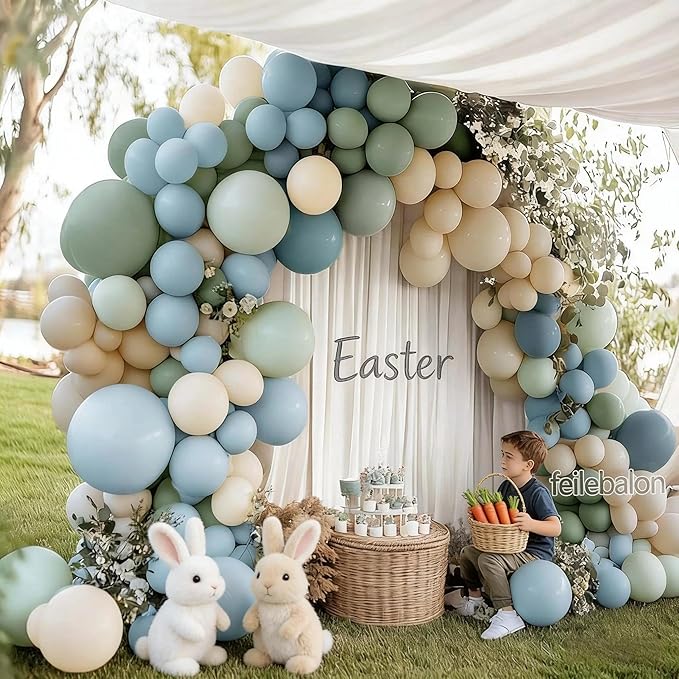 Dusty Blue Green Balloon Arch Kit Double Stuffed Pastel Light Sage Green Blue White Sand Beige Balloon Garland for Birthday Baby Shower Dinosaur Wedding Easter Jungle Wild One Party Decoration