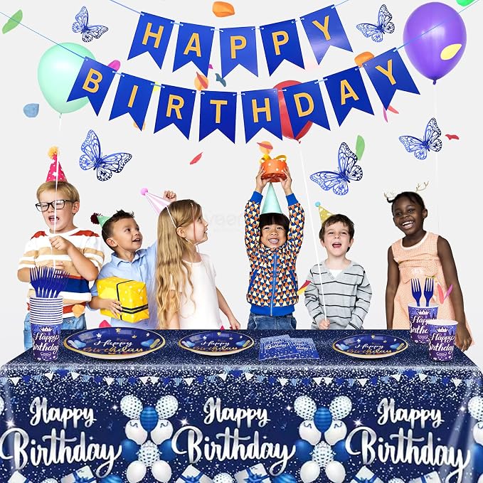 Blue Happy Birthday Party Supplies Tableware Set Birthday Decoration with Banner and Tablecloths Plates Cups Napkins Party Dinnerware for 24 Guests Men Boys