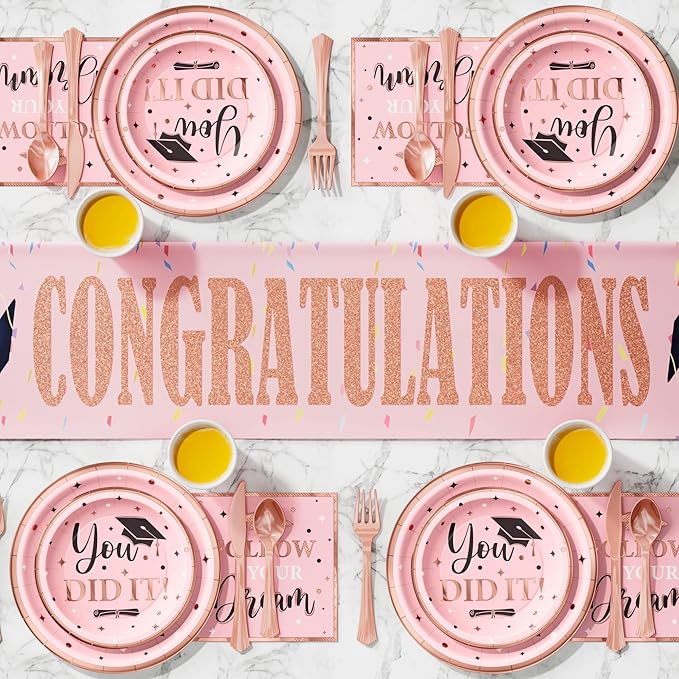 Ecomore Graduation Decoration Class of 2026 Pink Graduation Decoration 350 PCS - Rose Gold Grad Party Supplies Disposable Dinnerware (Serves 50) Paper Plates Cup Napkin Fork Knife Spoon (Pink & Black)