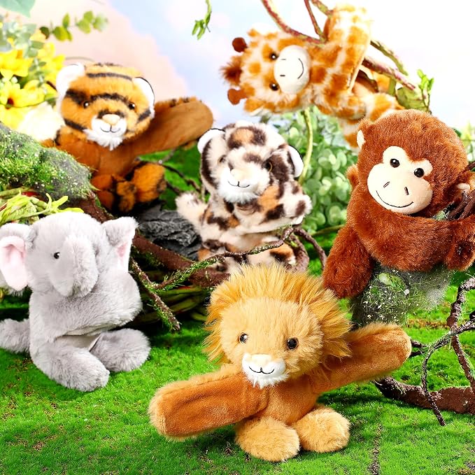 Gemscream 6 Pcs Stuffed Animal Slap Bracelets for Kids, 8 Inch Back to School Small Classroom Prizes Toy, Wrist Snap Bracelets Birthday Gifts for Boys Girls Pet Adoption Party Favors(Wild Animals)