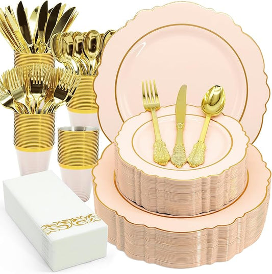 AIRE 175PCS Pink Gold Plastic Plates for Party, Dinnerware Sets for 25 Guests, Disposable Plastic Party Supplies Plates Cups Spoons Forks Knives Napkins for Wedding Birthday Baby Shower BBQ Parties