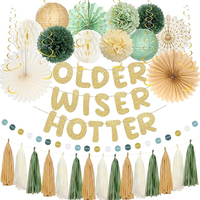 Roetyce Birthday Party Decorations, Green Gold Glitter Older Wiser Hotter Banner Photo Background for Women Men, Funny Happy Birthday Backdrop Decor, 30th 40th 50th 60th 70th 80th Party Supplies