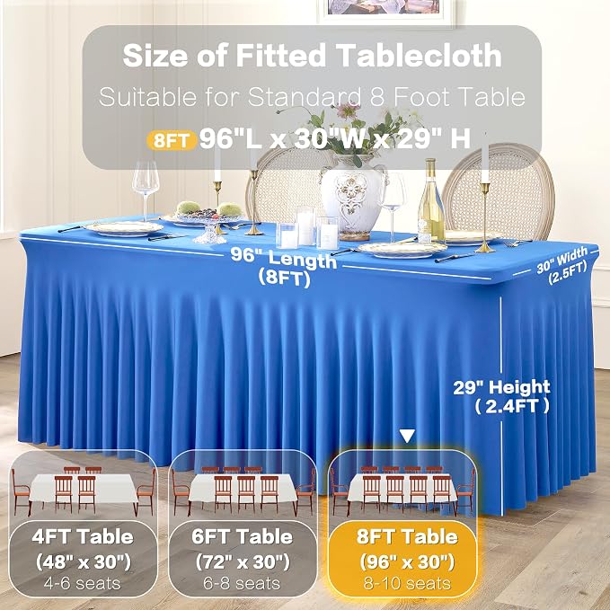 2 Pack Royal Blue Spandex Table Clothes for 8 Foot Rectangle Tables, Wrinkle Free Fitted Table Cover 8ft Stretch Tablecloths with Skirt for Parties Weddings Birthday Banquet Baby Shower