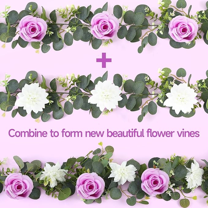4 Pack Wedding Garland Set, Purple Rose & White Dahlia Hanging Flower Vines for Wedding Arch, Backdrop, Mantel, Home Decor (5.91ft)