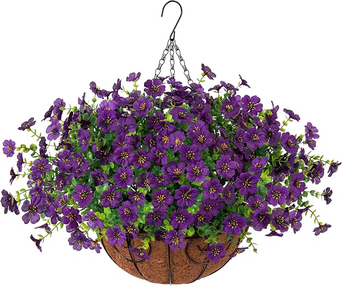 HyeFlora Artificial Fake Hanging Plants Flowers with Basket Outdoor Decor Faux Silk Dasiy Flower Arrangements in Pot Planter for Porch Home Indoor Patio Garden Yard Decoration