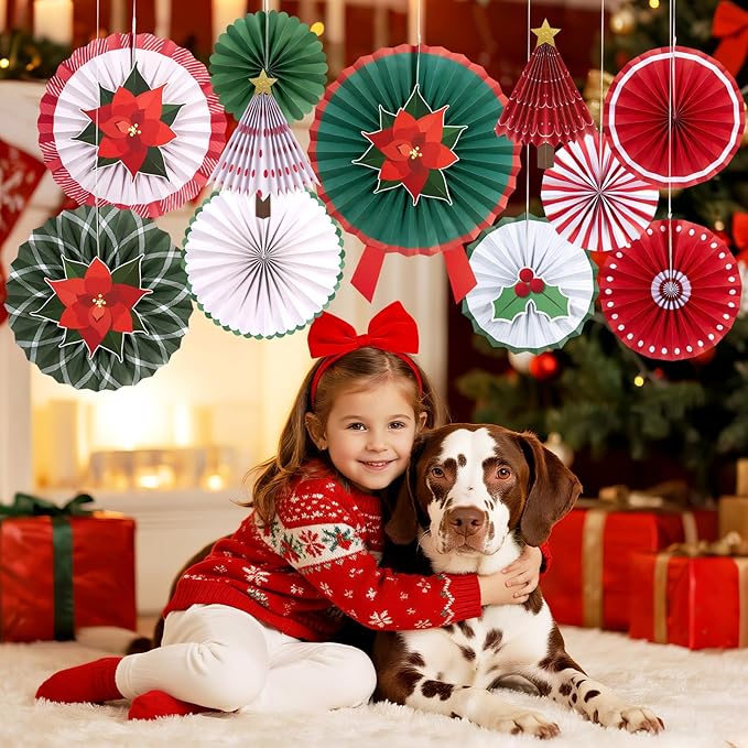 SUNBEAUTY 15PCS Christmas Hanging Paper Fan Decorations with Poinsettia Flowers Christmas Trees with Star Topper Red Green Christmas Wall Decor for Xmas Holiday Party Home Backdrop