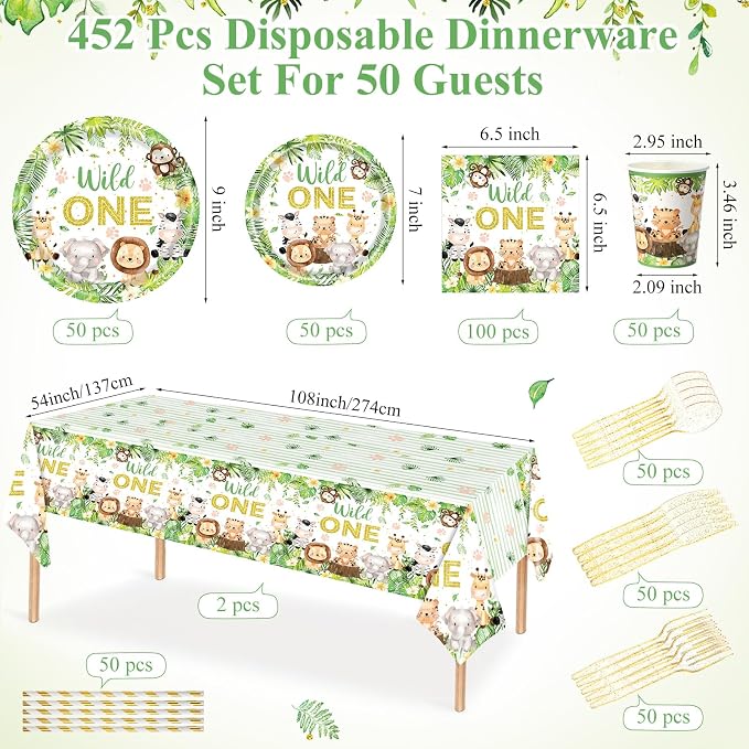 Funnymoom 452 Pcs Wild One Birthday Party Decorations for 50, Safari Jungle Wild One Paper Plates Napkins Cups Tablecloth Cutlery Straws for Boys Kids Woodland Themed First Birthday Party Supplies