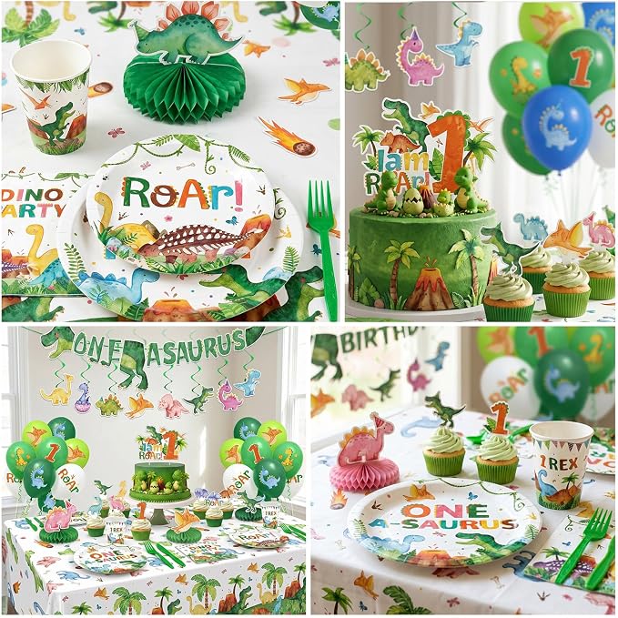 210 Pcs 1st Dinosaur Birthday Party Decorations Serves 24 ，First Rex Theme Dino Roar Party Supplies with Banner Hanging Plates Napkins Cups Forks Knives Tablecloth Topper Balloons for Boy Party