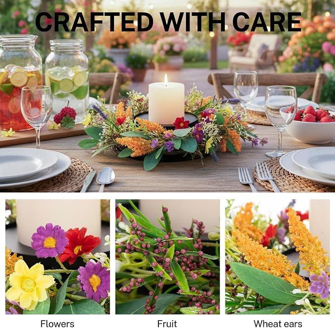 MOYEE Summer Centerpieces for Tables Candle Ring, Black Metal Candlestick with an Artificial Wreaths 14 in Versatile Dining Table Centerpiece Decor (Golden Wheat Ear Wreath)