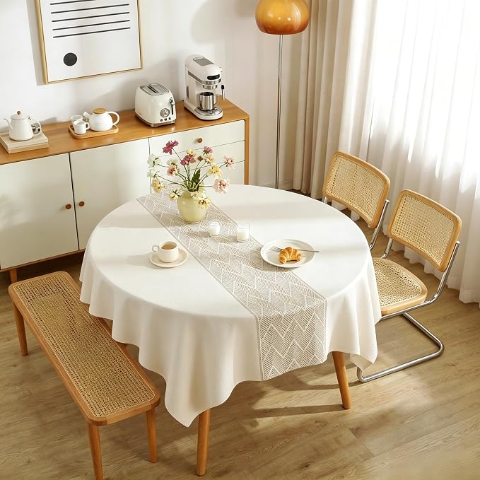 Nordic Beige Round Tablecloth, Premium Drape, Water & Stain Resistant, Elegant Rectangle Table Cover for Dining, Kitchen, Party, Home Decor