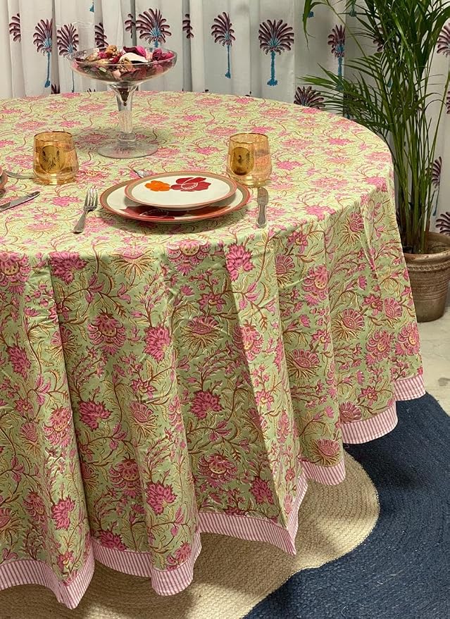 Ridhi Round Tablecloth Hand Block Print 100% Cotton Reusable Pistachio Green 60 Inch Table Cover Decorative Everyday Use for Dining, Home, Party, Wedding, Farmhouse Gift for Spring, Mother's Day