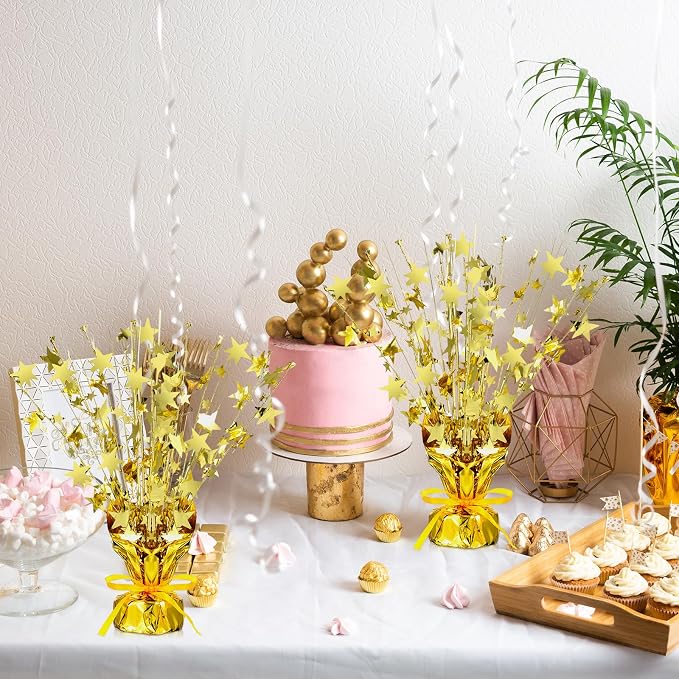 Crowye 6 Pcs Metallic Foil Spray Centerpiece Party Star Decoration Table Decor for Birthday Wedding Bachelorette Summer Party Holiday(Gold,Medium Star)