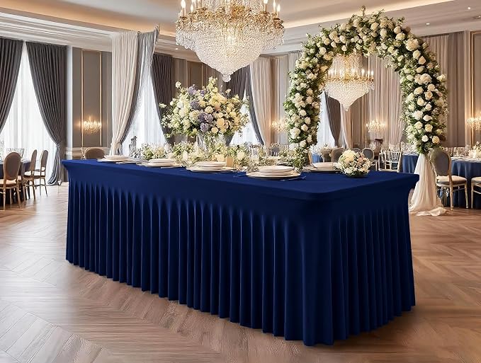 2 Packs Navy Blue Stretch Table Skirts for 8 Foot Rectangle Table, Washable Spandex Stretch Tablecloths with Skirt, Wrinkle Resistant Fitted Tablecover for Wedding Party Banquet