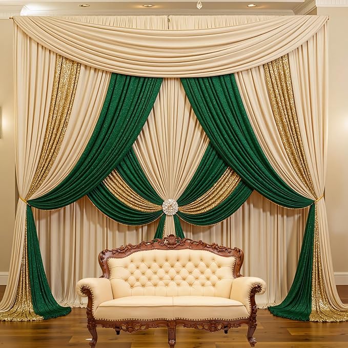 40ft x 10ft Wrinkle Free Beige Backdrop Curtains for Parties Weddings, 8 Panels 5×10ft Soft Silk Polyester Photo Backdrop Drapes for Birthday Baby Shower Baptism Photo Photography Background Cloth