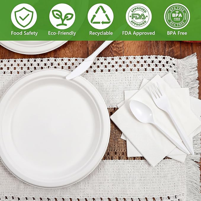 500Pcs Compostable Paper Plates Set Party Supplies Severs 100 Guests Disposable Party Plates Heavy-duty Utensil Disposable Party Plate Fork Knives Spoon Napkin Dinnerware for Birthday Wedding Camping
