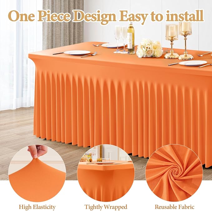 Shillance 2 Packs Orange Spandex Tableclothes for 8 Foot Rectangle Table, Spandex Table Covers 8FT Stretch Table Skirts Rectangle Wrinkle Free Fitted Tablecover for Event, Wedding, Banquet & Parties