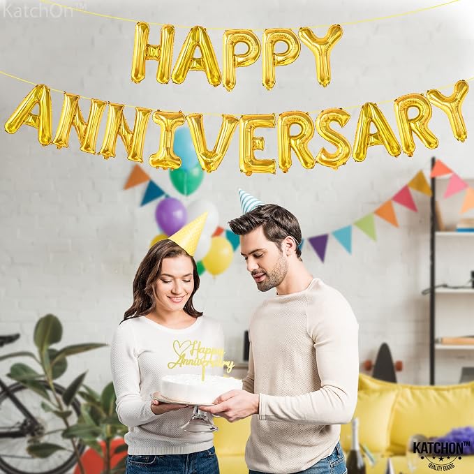 KatchOn, Gold Happy Anniversary Balloons Letters - Huge, 16 Inch | Gold Happy Anniversary Banner for Happy Anniversary Decorations | 1000 Pcs Artificial Red Rose Petals - Silk, Fake Rose Petals