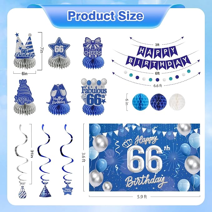 Happy Birthday Party Decoration Set: Including Birthday Banner Backdrop, Party Table Centerpieces and Hanging Swirl Party Streamers, Birthday Decor Suppliers for Men and Women (Blue, 66th Birthday)