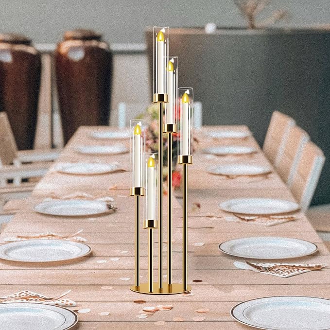 Candelabra Gold Centerpiece 5 Arms Taper Candle Holder Gold Centerpiece with Acrylic Tubes for Table Decoration Wedding Event Party Aisle Stage Home Decor (2, M)