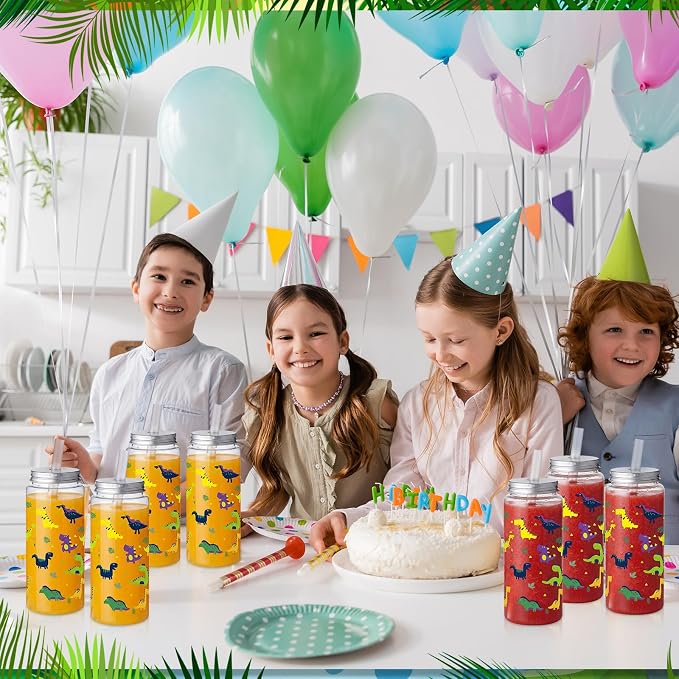 Skylety 30 Pcs Cartoon Dinosaur Plastic Cups with Lids and Straws 13.5 oz Summer Dinosaur Reusable Plastic Tumbler Hawaii Tropical Party Decor for Summer Holiday Women Birthday Party Supplies
