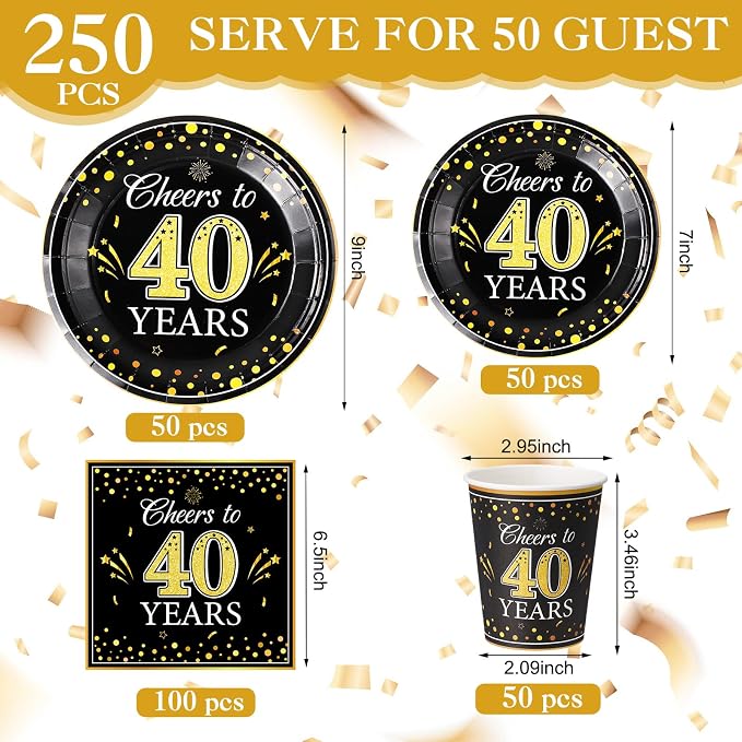 Pickmesh 250 Pcs 40th Birthday Party Supplies Decorations Serve 50 Black Gold Cheers to 40 Years Disposable Paper Plates Napkins and Cups for Women Men 50th Birthday Wedding Anniversary Party Supplies
