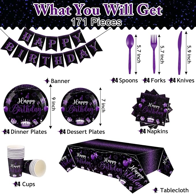 Vesici 171 Pcs Happy Birthday Party Supplies 24 Set Disposable Party Tableware include Plates Cups Napkins Cutlery and Banner Tablecloth Birthday Dinner Decorations for Men Woman(Black, Purple)
