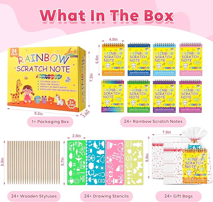 VVSBPL 24 Pack Scratch Art Party Favors for Kids 4-8 Years Old Birthday Gifts for Kids Goodie Bags Stuffers Rainbow Scratch Notebook Bulk Classroom Prizes School Supplies Arts Crafts for Girls Boys