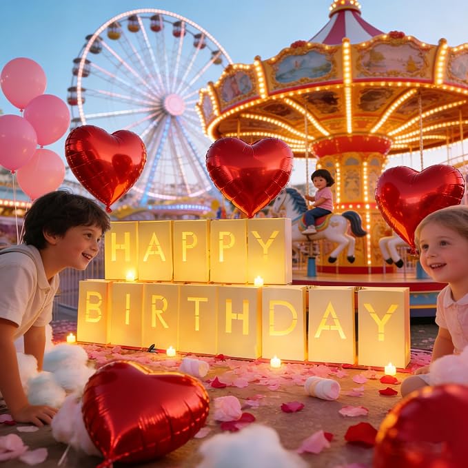 2073Pcs Happy Birthday Decorations with Light Up Letters,Tea Lights Candles Rose Petals Latex Balloons Heart Aluminum Balloons Luminary Bags Party Banner Sign Birthday Surprise Gifts for Women Men
